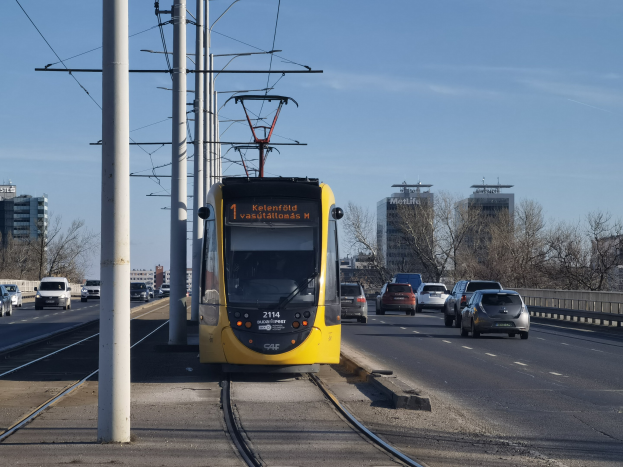 Eine gelbe Straßenbahn fährt eine von Autos befahrene Stadtstraße entlang, unter Stromleitungen, die von Masten gestützt werden, mit Bäumen, Gebäuden und einem klaren blauen Himmel im Hintergrund.
