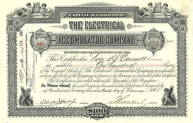 Ein Aktienzertifikat einer elektrischen Akkumulatorengesellschaft mit detaillierten Designs, das den Text 'The Electrical Accumulator Company' enthält.