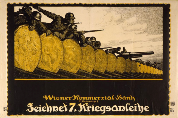 Ein deutsches Propagandaplakat aus dem Zweiten Weltkrieg, das eine Gruppe von Helmetträgern mit der Aufschrift "Wiener Kommmerzial Bank" am unteren Rand zeigt.
