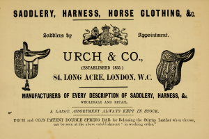 Werbung für urch & co Sattlerei mit Bildern von Sätteln, Zaumzeug, Zügeln und anderen pferdebezogenen Schuhen und Accessoires.