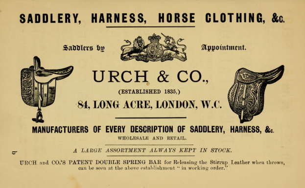 Werbung für urch & co Sattlerei mit Bildern von Sätteln, Zaumzeug, Zügeln und anderen pferdebezogenen Schuhen und Accessoires.