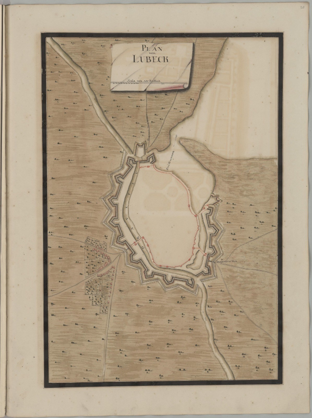 Ein detaillierter Stadtplan der Stadt Lübeck auf dem Cover eines alten Buches, der Straßen, Gebäude und Sehenswürdigkeiten zeigt, begleitet von Texten über die Bevölkerung, Geschichte und Kultur der Stadt.