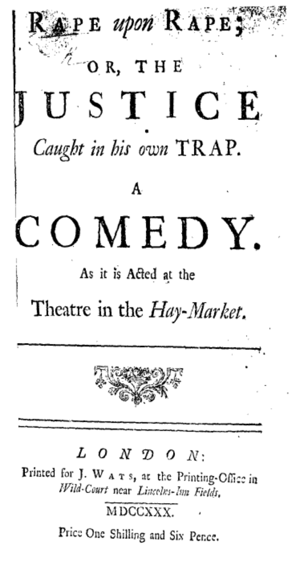 Ein Schwarz-Weiß-Plakat mit fetter, schwarzer Schrift, auf dem "Vergewaltigung auf Vergewaltigung oder die Gerechtigkeit, die in ihrer eigenen Falle gefangen ist" steht, wahrscheinlich wirbt für eine Comedy-Show.