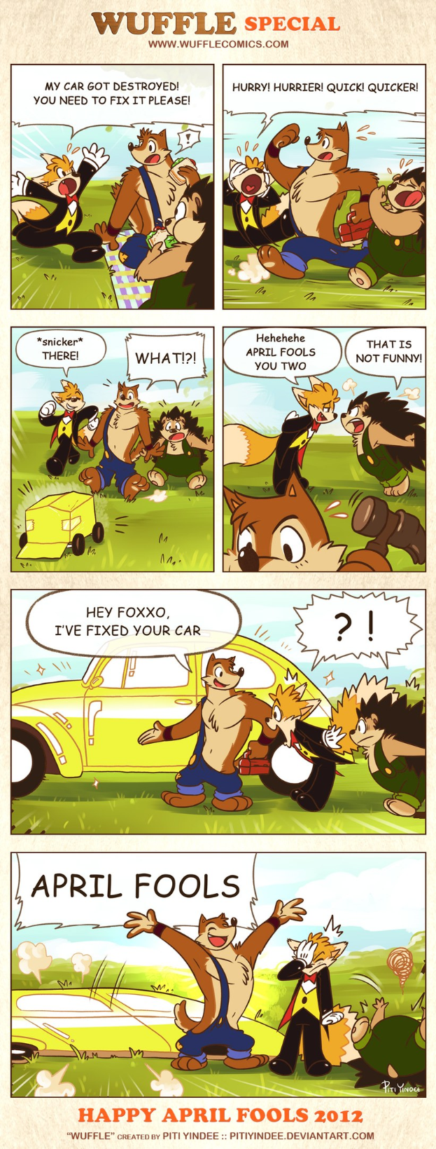 Comic-Strip-Plakat mit der Überschrift "Aprilscherz", das einen Cartoon-Mann und eine -Frau in einem Gespräch vor einem hellblauen Himmel mit weißen Wolken zeigt, wobei der Mann mit den Händen gestikuliert.