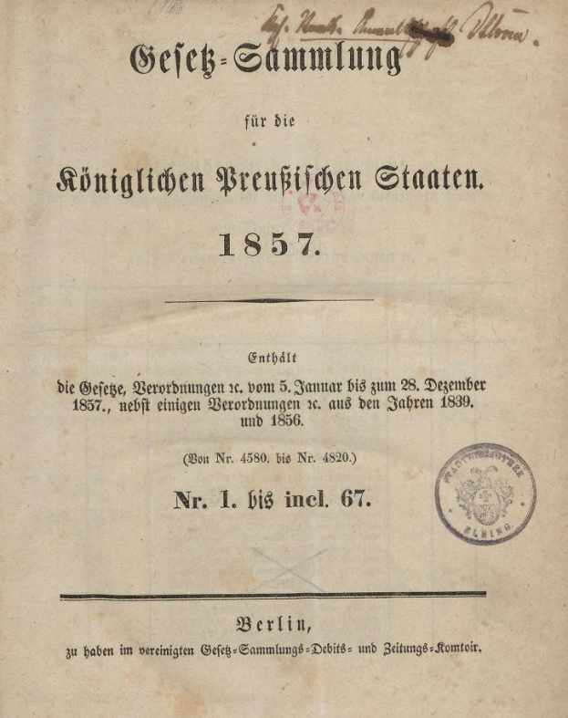 Ein altes deutsches Zertifikat aus dem Jahr 1857 mit einem Stempel und Text, ausgestellt von der deutschen Regierung.