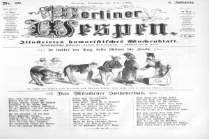 Eine alte Zeitung namens "Berliner Wespn" aus Juli 1873 mit einer Karikatur eines besorgten Mannes in Zylinder und einer Frau in einem Kleid.