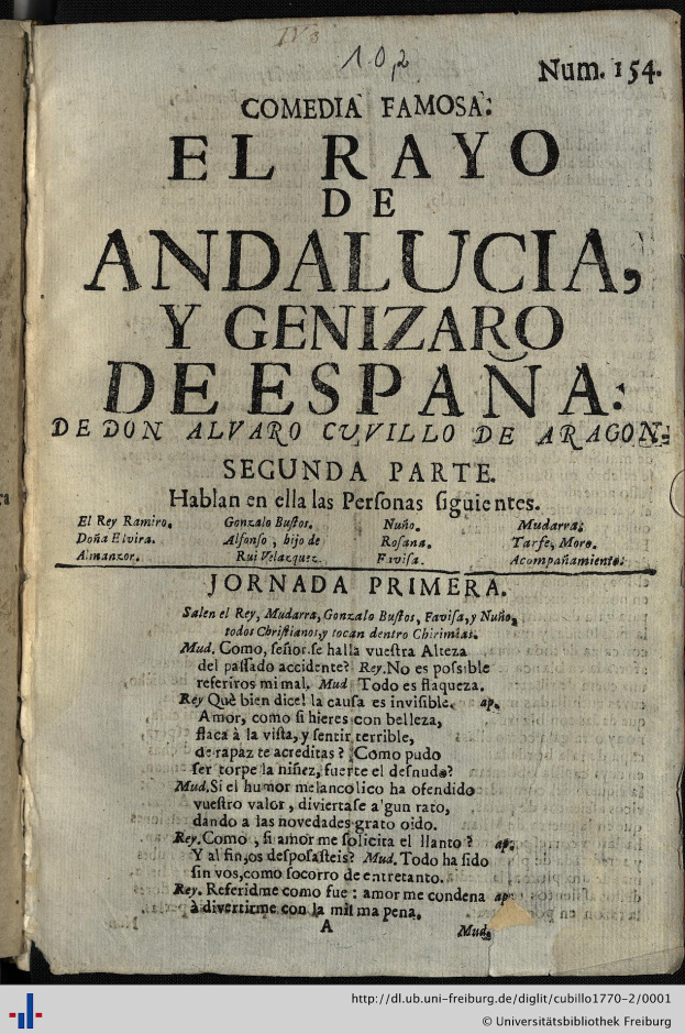Ein aufgeschlagenes Buch mit dem Titel "El Rayo de Andalucia y Genizar de España" in fetter, schwarzer Schrift auf leicht gelblichen Seiten.