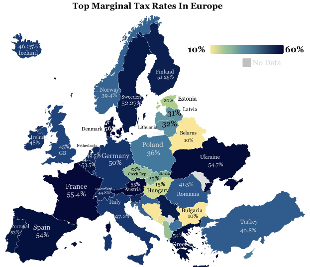 Eine Europakarte mit Farben, die die Höchststeuersätze je Land anzeigen und den Titel "Höchststeuersätze in Europa" oben.