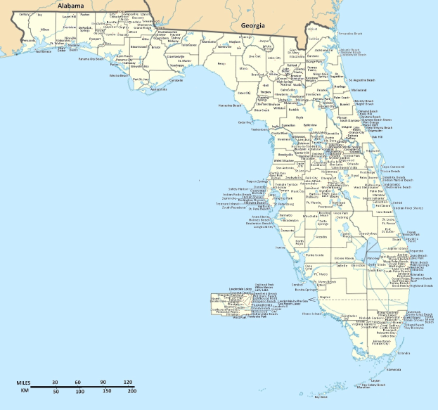 Großes detailliertes politisches Kartenmaterial von Florida mit Straßen, Städten und geografischen Merkmalen.