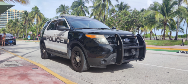 Ein Polizeiwagen am Straßenrand mit Menschen, Fahrrädern, Gras, Bäumen, Gebäuden und einem klaren blauen Himmel im Hintergrund, dessen Vorderrad sichtbar ist.