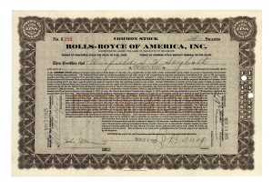 Altes Aktienzertifikat ausgestellt von Rolls Royce of America, Inc. mit gedrucktem Text und handgeschriebenen Zahlen.