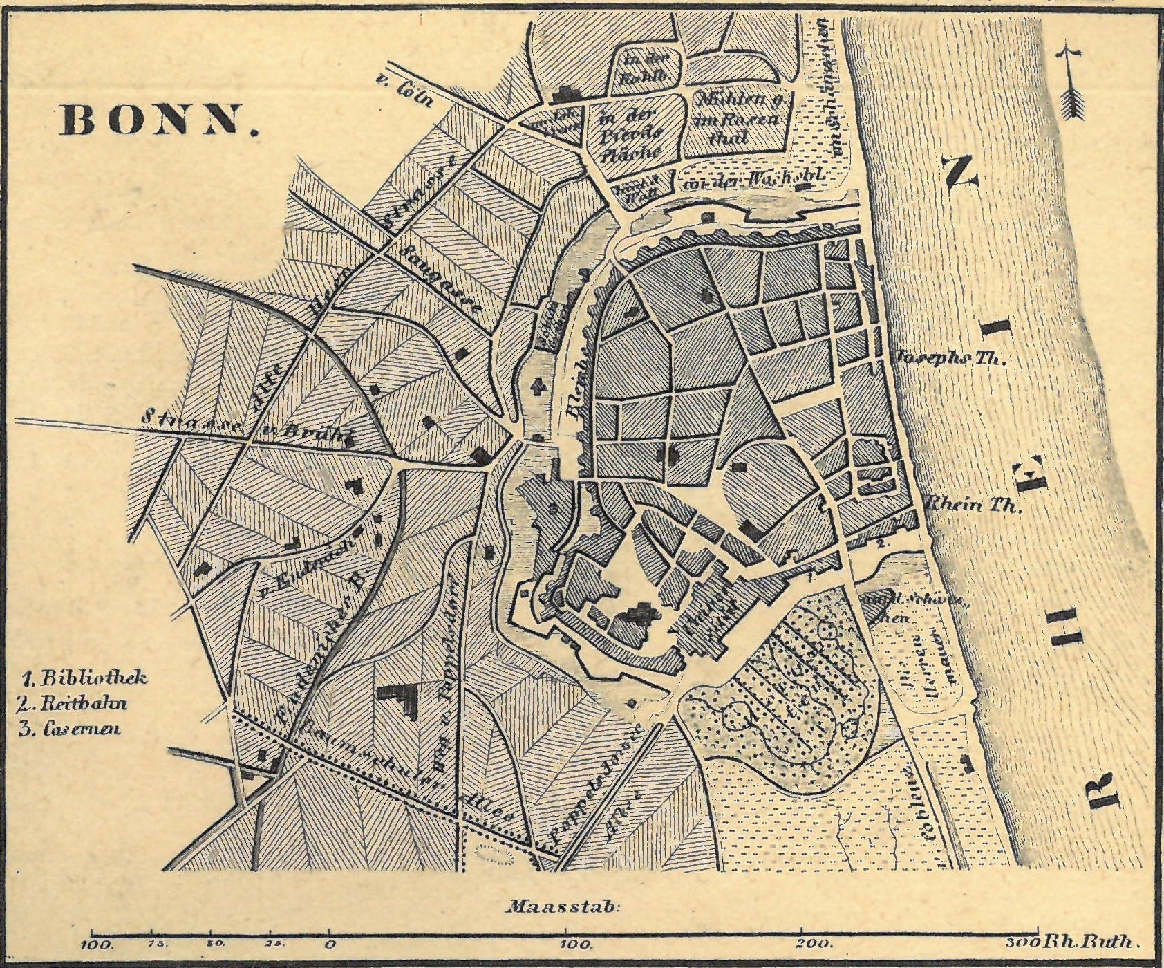 Detailierte alte Karte von Bonn, Deutschland, mit Straßen, Gebäuden und Landmarken mit Textbeschriftungen.