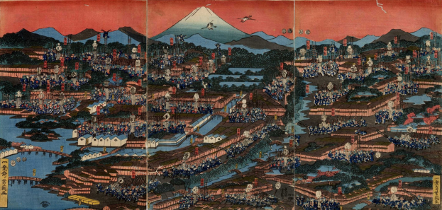Holzschnitt von Utagawa Kunisada Toyokuni III aus "Fifty-Three Stations of the Tokaido", der eine Szene aus der Schlacht am Mount Fuji mit Menschen, Häusern, Bäumen, Bergen, Wasser, einer Brücke und Vögeln vor einem Himmel-Hintergrund zeigt.