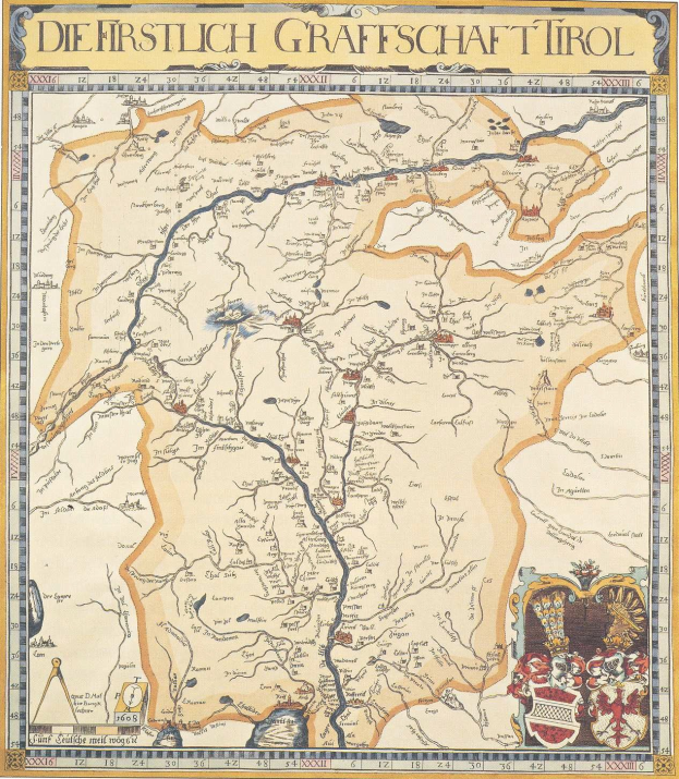 Ein detailliertes historisches Poster der ersten deutschen Grafschaft Tirol-Karte, das geografische Merkmale wie Flüsse, Berge und Städte zeigt, sowie begleitenden Text über die Region und ihre Bewohner.