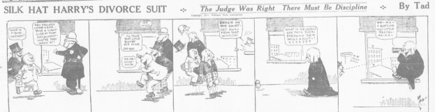 Cartoon-Illustration eines Mannes in einem schwarzen Anzug und einer Frau in einem eleganten Kleid mit einem schwarzen Schultertuch, beide mit ernsten Gesichtern, beschriftet mit "Scheidungskampf."