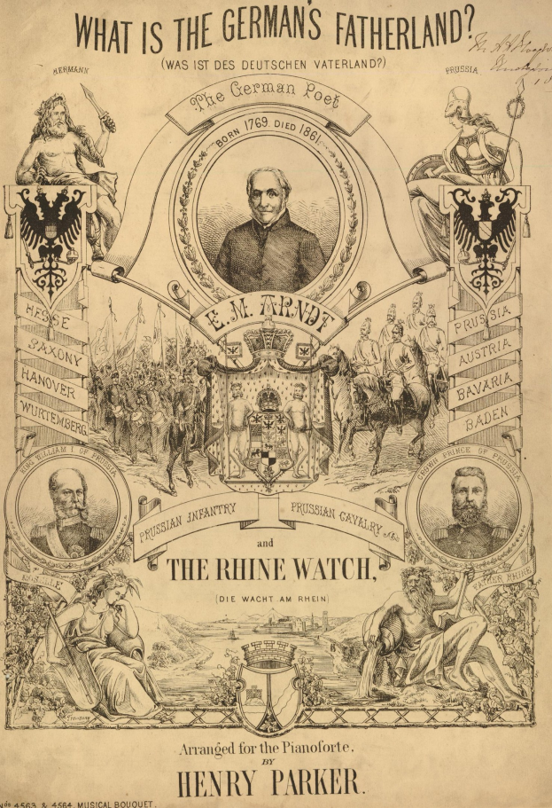 Schwarz-weiß-Illustration eines Papiers mit der Überschrift "Was ist das deutsche Vaterland? Die Rheinwacht" mit Bildern von Menschen.