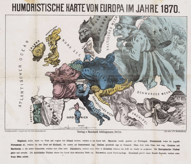 Ein Plakat mit einer Europa-Karte aus dem Jahr 1870, umgeben von Cartoons und dem Text "Humoristische Karte von Europa im Jahre 1870".