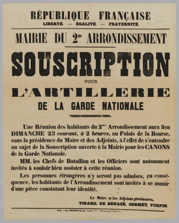 Eine alte französische Zeitungsanzeige für den zweiten Bezirk der Garde Nationale, die einen Text zu einem Ereignis zeigt.