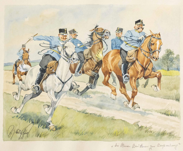 Ein Gemälde von sieben Männern auf Pferden, die eine Schotterstraße entlangreiten, mit Bäumen und Gras im Hintergrund und dem Text "Die sieben Reiter der Wehrmacht" unten.