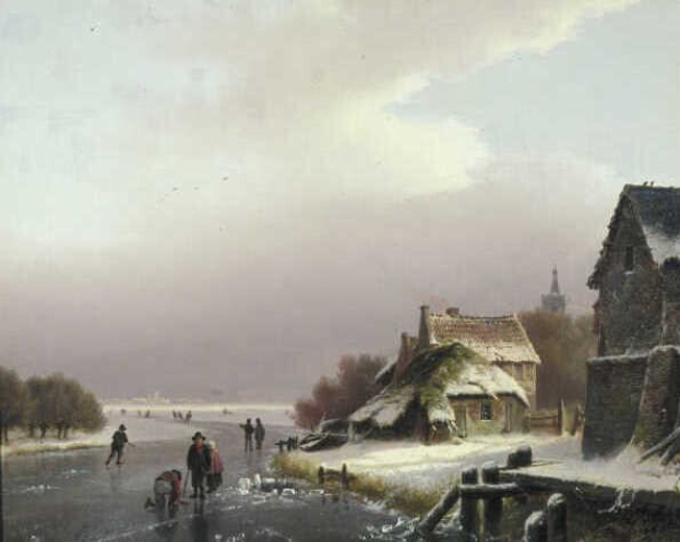 Menschen, die auf einem zugefrorenen Fluss Schlittschuh laufen, umgeben von Häusern, einem Zaun, Gras, Bäumen und einem bewölkten Himmel.