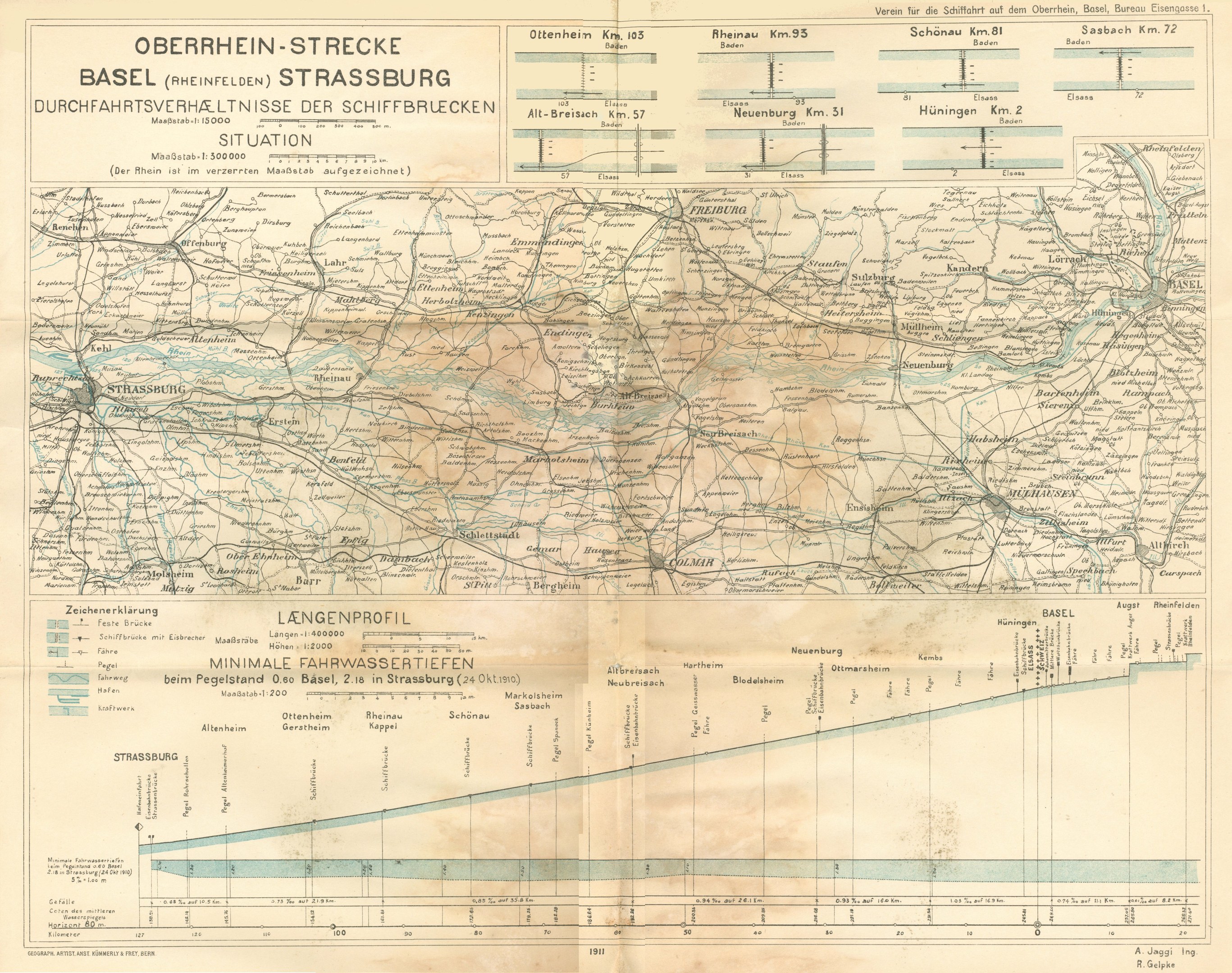 Alte Karte des Basel-Strasburg-Gebiets in Deutschland, zeigt Eisenbahnlinien und TextAnnotation.