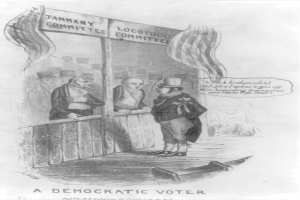 Ein Mann im Anzug steht selbstbewusst vor einer Tür mit der Aufschrift "Ein demokratischer Wähler" und schaut entschlossen.