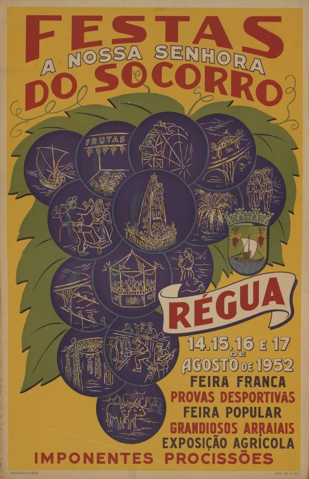 Buntes Plakat mit gelbem Hintergrund und blauem Rand, das die "Festa do Socorro" in Brasilien ankündigt, mit Bildern von Menschen in traditioneller Kleidung, die vor einer großen Menge lächeln.