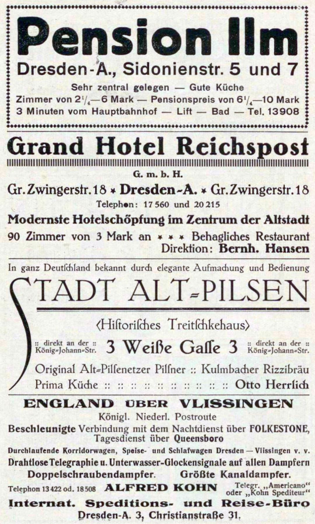 Schwarz-weiß-Anzeige für das Pensionshaus in Dresden, Deutschland, mit Text auf weißem Hintergrund.