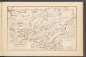 Ein aufgeschlagenes Buch mit einer detaillierten topografischen Karte der Tschechischen Republik, die Berge, Flüsse, Wälder und beschriftete Städte und Ortschaften zeigt.