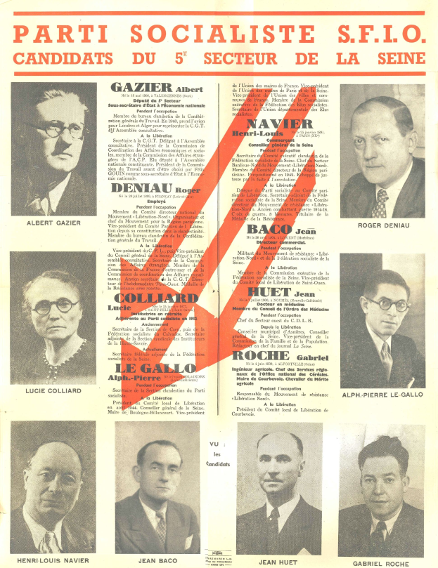 Ein Plakat mit mehreren Personen und Text, mit einem roten Pfeil nach rechts, der "Kandidaten der Parti Socialiste S.F.I.O. des 5. Sektors der Seine" lautet.