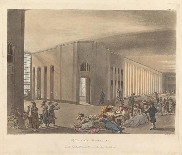 Eine Zeichnung des St. Luke's Hospitals in London, England, mit Menschen, die stehen, sitzen und liegen.