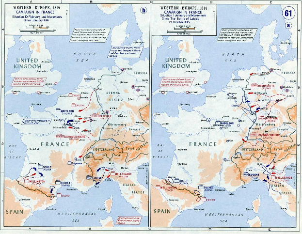 Ein historisches Poster mit einer Europakarte während der Schlacht von Leipzig, unterteilt in Abschnitte für Europa und Frankreich, mit nummerierten Regionen und Textbeschriftungen von Städten, Dörfern und geografischen Merkmalen.