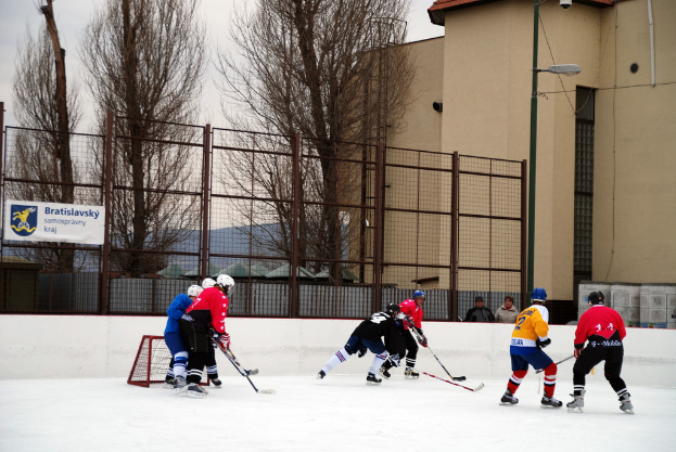 Personen beim Eishockeyspielen auf einer Eisfläche mit Gebäuden, Bäumen, einer Straßenlaterne, einem Namensschild und Zäunen im Hintergrund bei klarem Himmel.