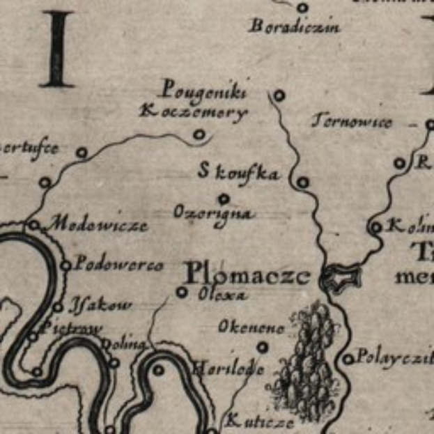 Ein detaillierter alter Stadtplan von Plomaczcz, Polen, der Städte, Ortschaften, geografische Merkmale und Texte über Bevölkerung, Straßen und Sehenswürdigkeiten zeigt.