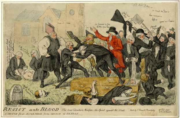 Eine Karikatur einer Menge mit einigen, die Fahnen halten, einem Gebäude im Hintergrund und einem Text unten, der 'Resist unto Blood: The True Christian Warfare' lautet.