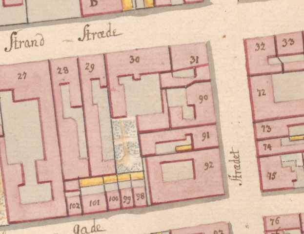 Detailreicher alter Stadtplan mit zahlreichen Gebäuden, wahrscheinlich ein Plan von Strand, Deutschland, der Straßen, Strukturen und andere Merkmale zeigt.
