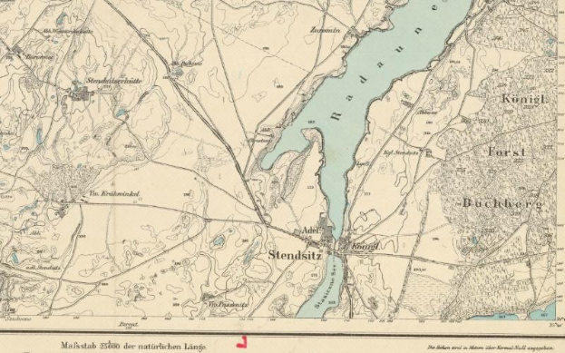 Ein detaillierter alter Stadtplan von Stendsitz, Deutschland, der Straßen, Gebäude, Sehenswürdigkeiten und einen Fluss durch die Stadt zeigt, mit Text zu Bevölkerung, Bevölkerungsdichte und Lage.