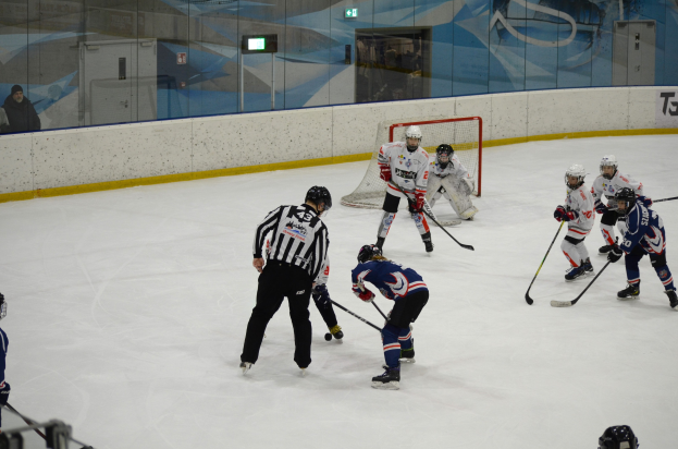 Eine Gruppe von Menschen, die Eishockey auf einem Eis spielen, tragen Helme und halten Hockeystöcke, mit einem Netz in der Mitte, Zuschauern auf der linken Seite und einer Werbung an der Hintergrundwand.