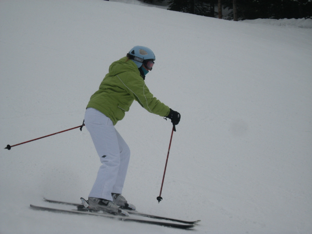 Eine Person fährt eine schneebedeckte Piste umgeben von vielen Bäumen hinunter.