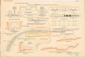 Altes Buch mit detaillierten Zeichnungen und Text eines Bahnhofslayouts, einschließlich einer Illustration einer Eisenbahnschiene.