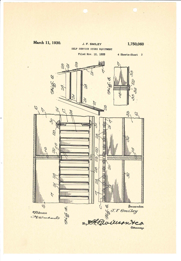 Eine Zeichnung einer Tür mit einem Griff und einem Fenster, begleitet von Text und Zahlen auf einem Papier, das "J.F. Smiley Self Service Store Equipment Patent" lautet.