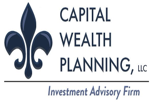 Logo der Capital Wealth Planning, LLC: ein blauer Kreis mit weißer Umrandung und einem 'C' in der Mitte, umgeben von einem weißen Ring mit 'Capital Wealth Planning' in blau und 'Investment Advisory Firm' in weiß darunter.