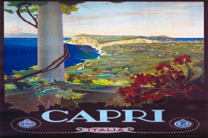 Plakat für eine Weinprobe in Capri, Italien, mit einem Baum, einer Säule, Wasser, Hügeln und einem blauen Himmel, sowie Werbetext.