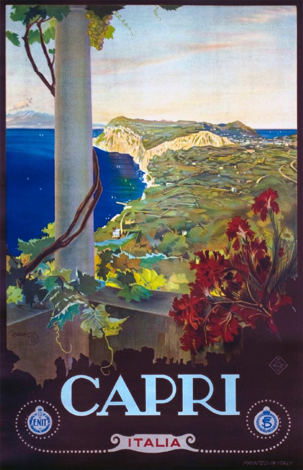 Plakat für eine Weinprobe in Capri, Italien, mit einem Baum, einer Säule, Wasser, Hügeln und einem blauen Himmel, sowie Werbetext.
