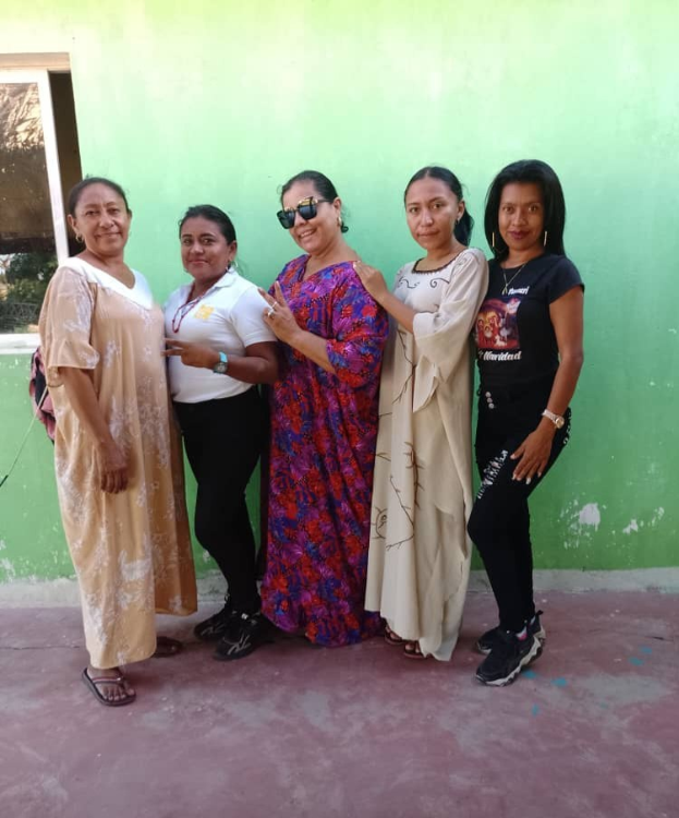 Gruppe von Frauen vor einer grünen Wand mit einem Fenster auf der linken Seite bei einer Veranstaltung zum Internationalen Frauentag.