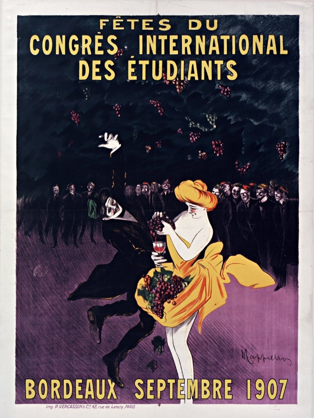 Plakat aus dem Jahr 1907 für eine Weinprobe in Bordeaux, Frankreich, das eine Frau in einem gelben Kleid mit einem Weinglas in der Hand zeigt, umgeben von einer Menge, mit Veranstaltungstexten.