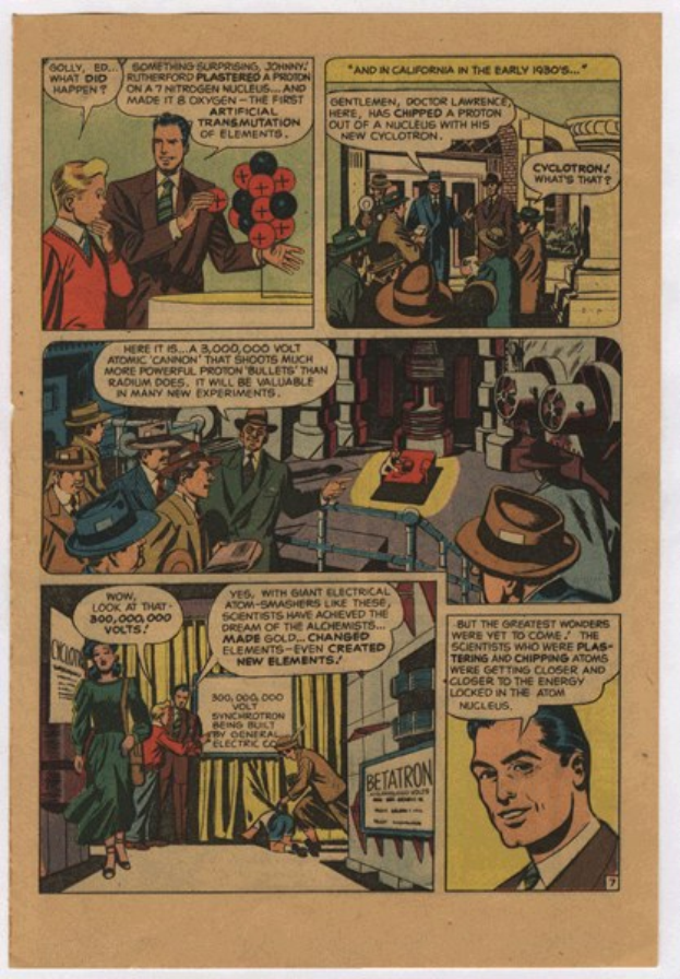 Eine Comic-Seite mit einem Mann in einem marineblauen Anzug, weissem Hemd und roter Krawatte mit einem ernsten Gesichtsausdruck, umgeben von einer Collage aus Bildern und fetter schwarzer Schrift.