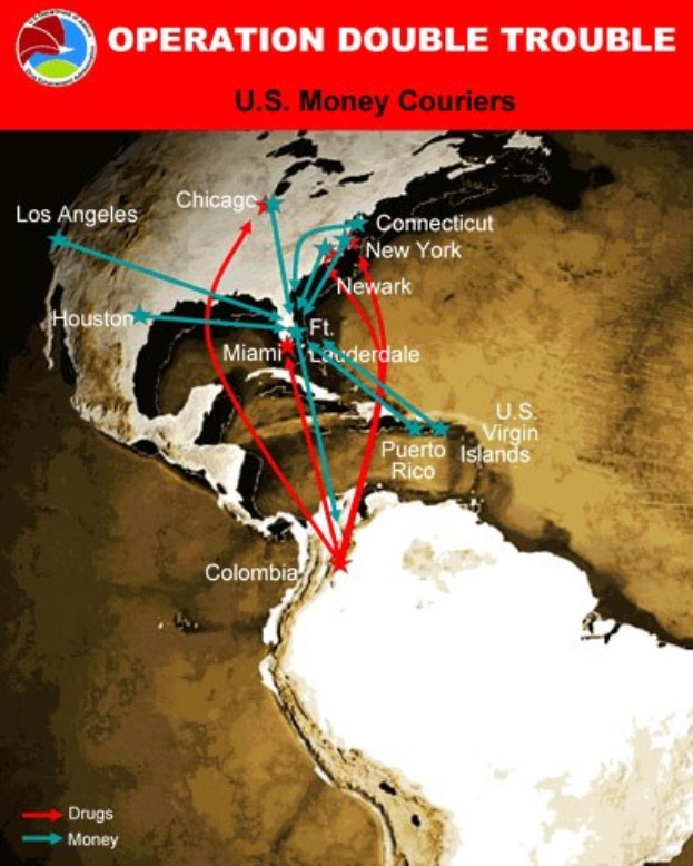Plakat mit dem Titel "Operation Double Trouble: US-Geldkurier" mit einer Karte der USA, die in zwei Abschnitte unterteilt ist: einer zeigt die Routen der US-Geldkurier und der andere zeigt die Standorte der Geldtransportunternehmen.