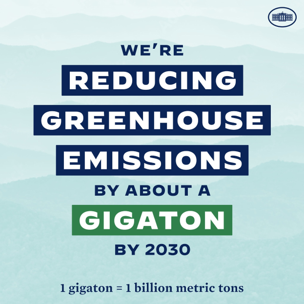 Ein Plakat mit Text und Logo, auf dem steht: "Wir reduzieren die Treibhausgasemissionen um etwa eine Gigatonne bis 2030."