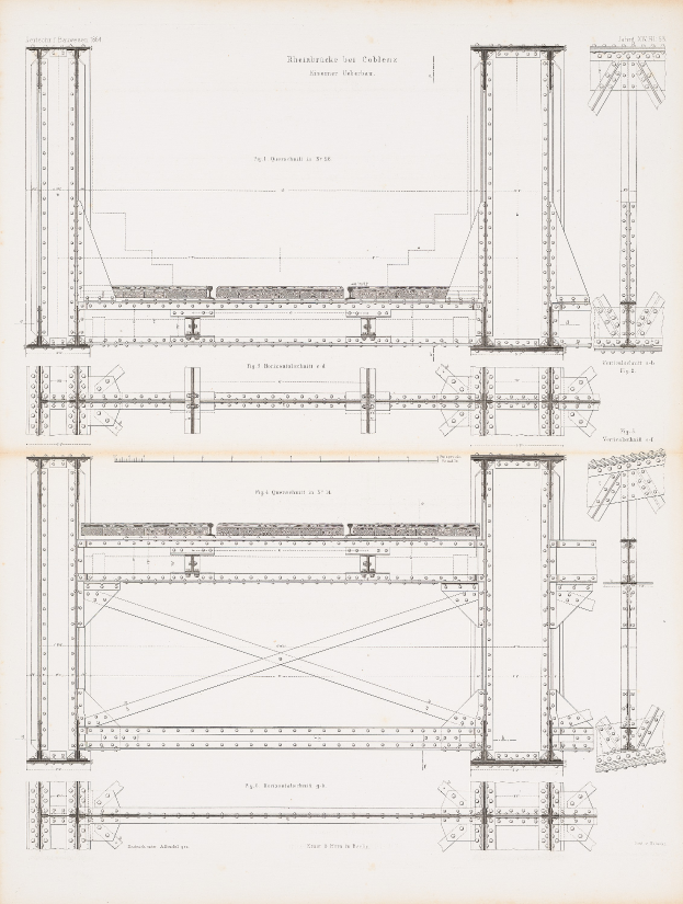 Ein detaillierter Bauplan für eine Brücke in einem Buch, der Balken, Kabel und andere Bauteile zeigt.